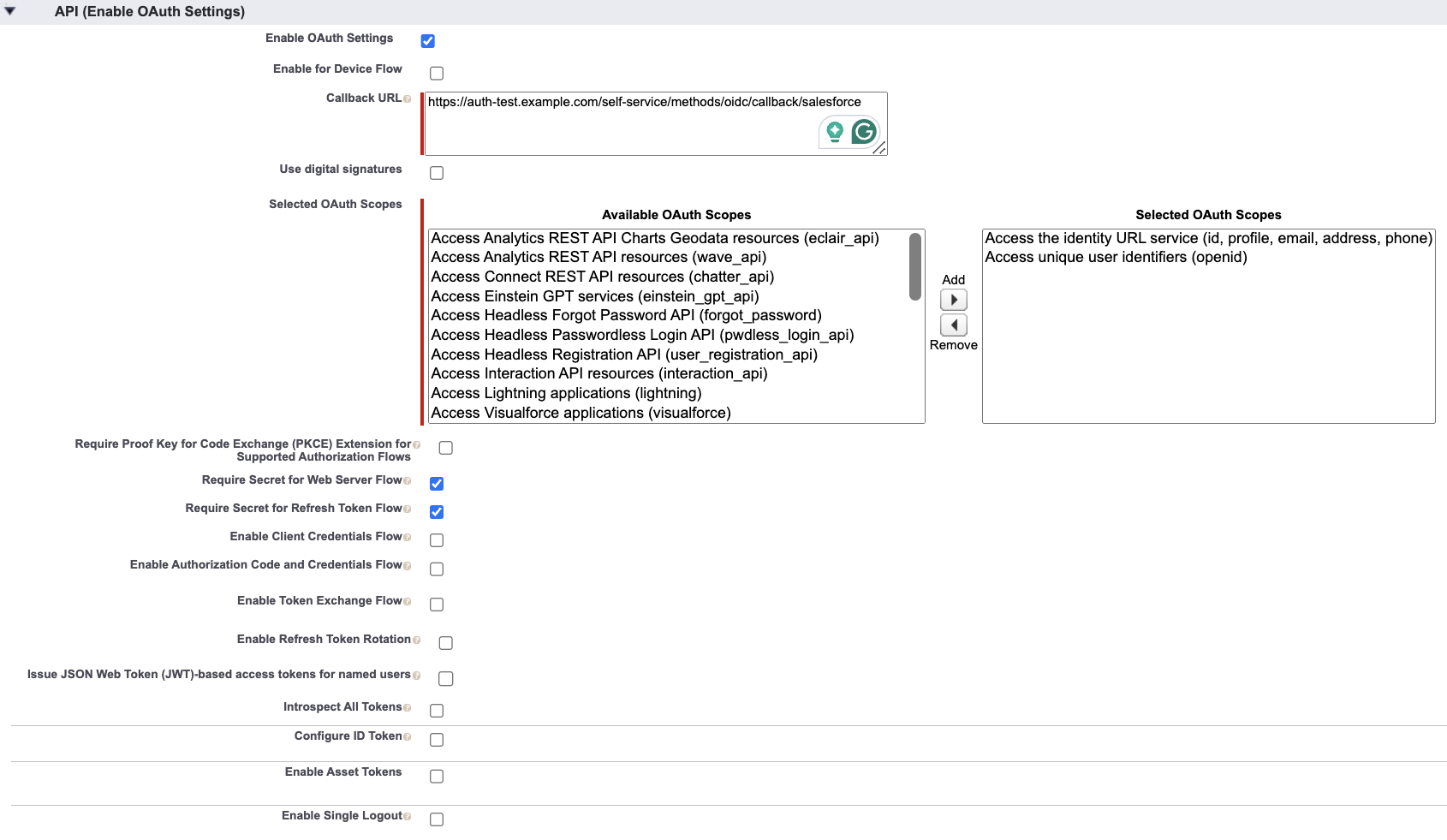 Screenshot of Salesforce Connected App OAuth Configuration (Jul 2024)